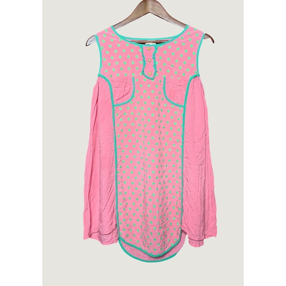Dou Zhi Ban Shift Dress Women LG Pink Green Polka Dot Excellent Pockets Viscose